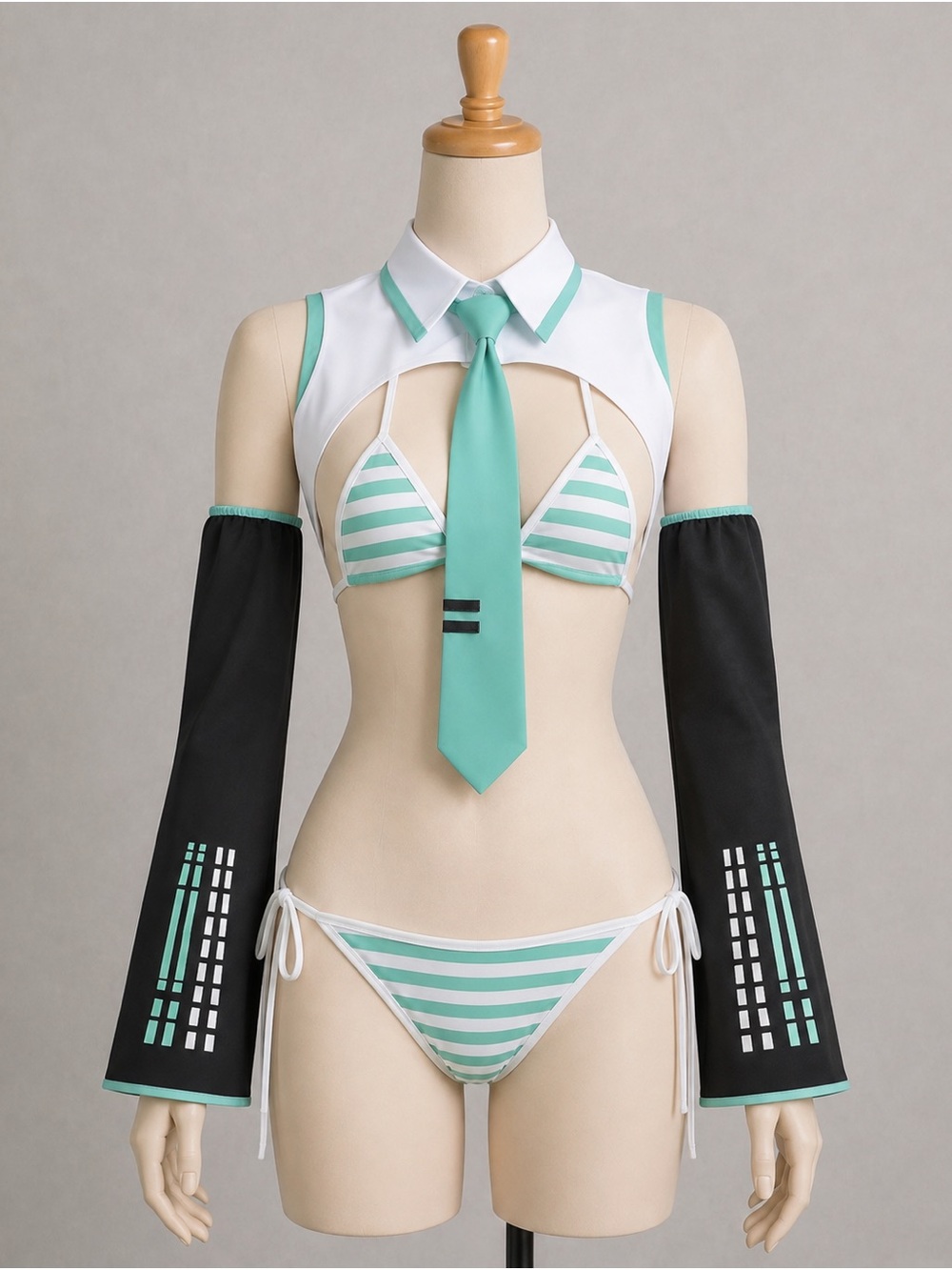 Cosplay Virtual Idol Official Uniform Green and White Striped Sexy Lingerie 6pc